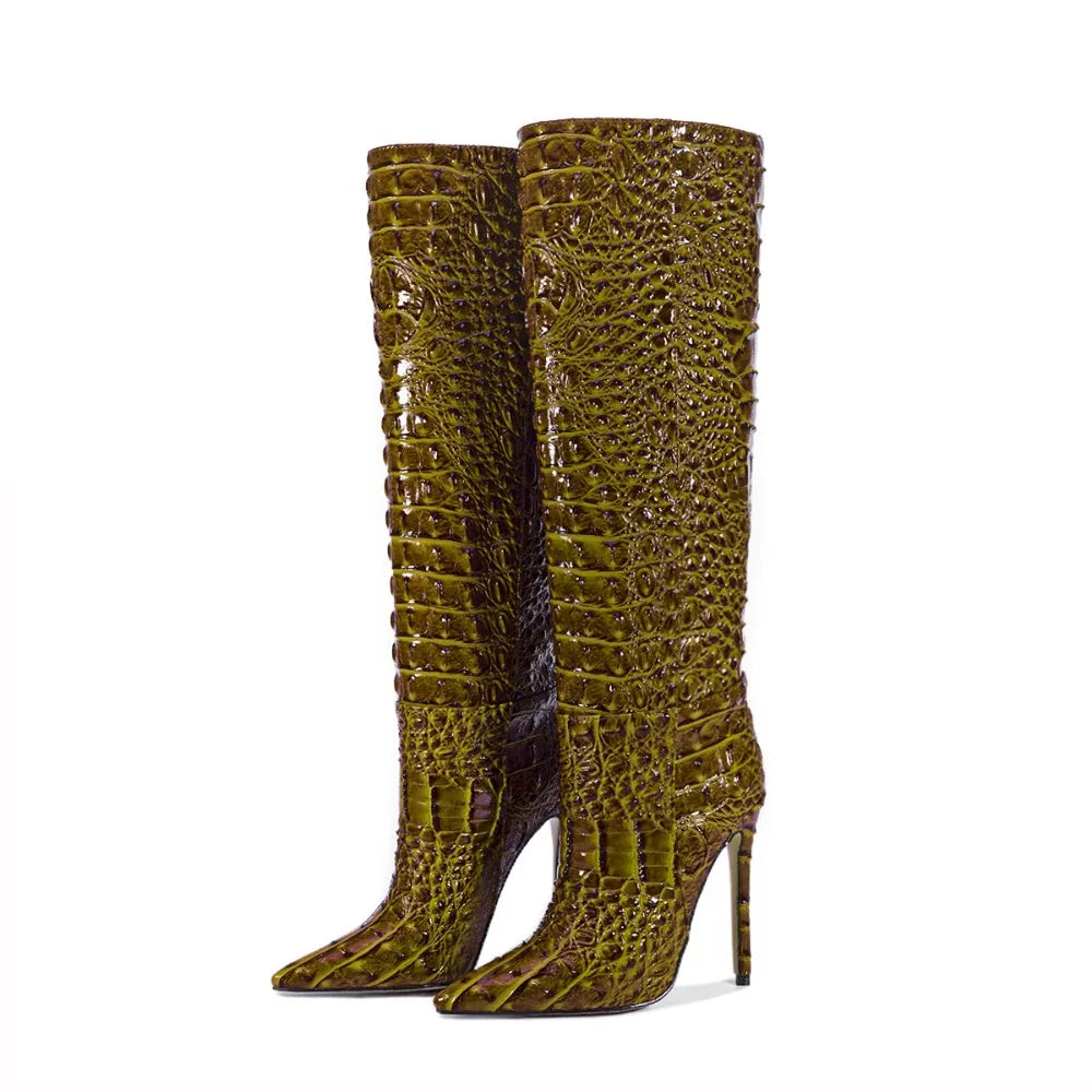 Bottines Western Talon Aiguille Style Rétro — Effet Crocodile Luxe Tailles 35-47