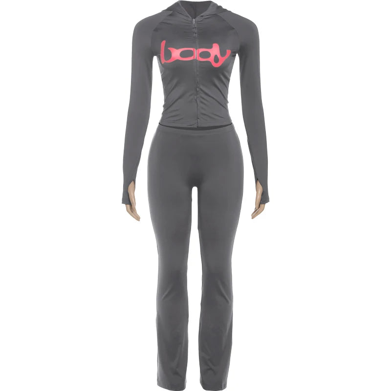 Ensemble 2 Pièces Survêtement Imprimé Lettres – Veste Zippée & Legging Stretch High Street | Femme