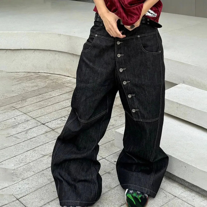 Pantalon Large Noir Y2K Boucle Style Coréen Hip Hop — Coupe Droite Décontractée Automne Homme