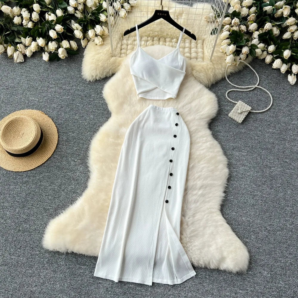 Ensemble 2 Pièces Été — Haut Court Col V + Jupe Longue Fendue Taille Haute Élastique Couleur Unie | Foamlina
