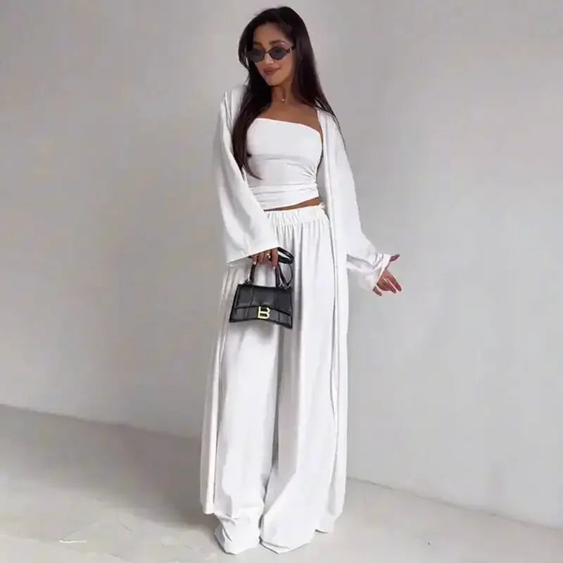 Ensemble 3 Pièces Femme — Débardeur, Long Cardigan & Pantalon Large Élégant | Bureau Été