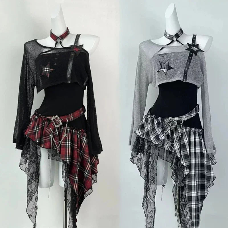 Ensemble 2 Pièces Vintage Y2K Harajuku — Haut Court Noir + Robe Irrégulière Gothique Slim | Style Coréen Rétro