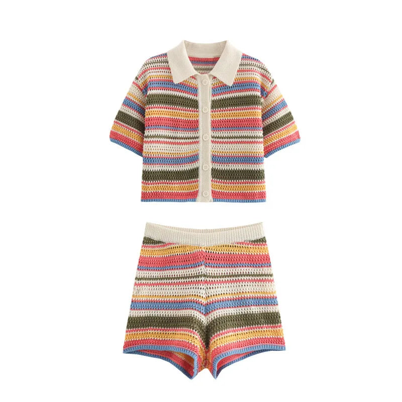 Ensemble Tricoté Rayé Été — Haut Boutonné Col Rabattu Manches Courtes + Short Assorti Décontracté | 2026