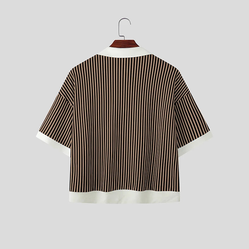 Chemise Rayée Patchwork Coutures Colorées INCERUN — Manches Courtes Ajustée Été 3 Coloris