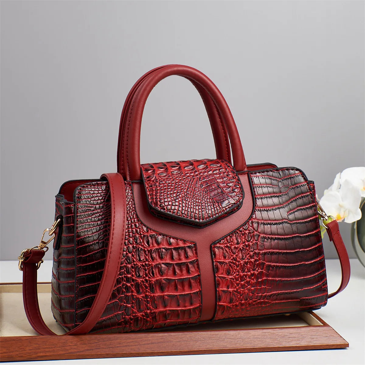 Sac Carré Motif Crocodile Grande Capacité — Tote Minimaliste Urbain PU Luxe