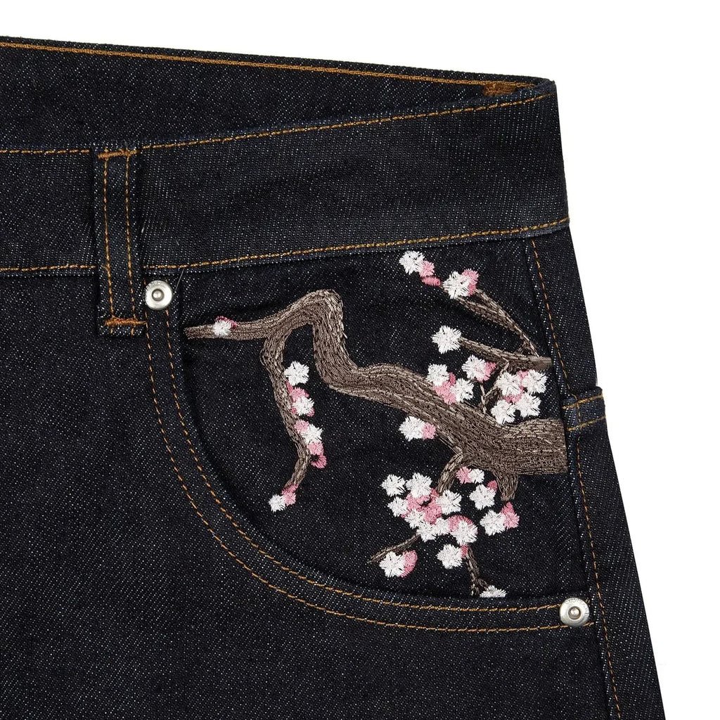Jean Baggy Droit Y2K Broderie Fleur de Cerisier Chevalier — Denim Vintage Streetwear BiggOrange