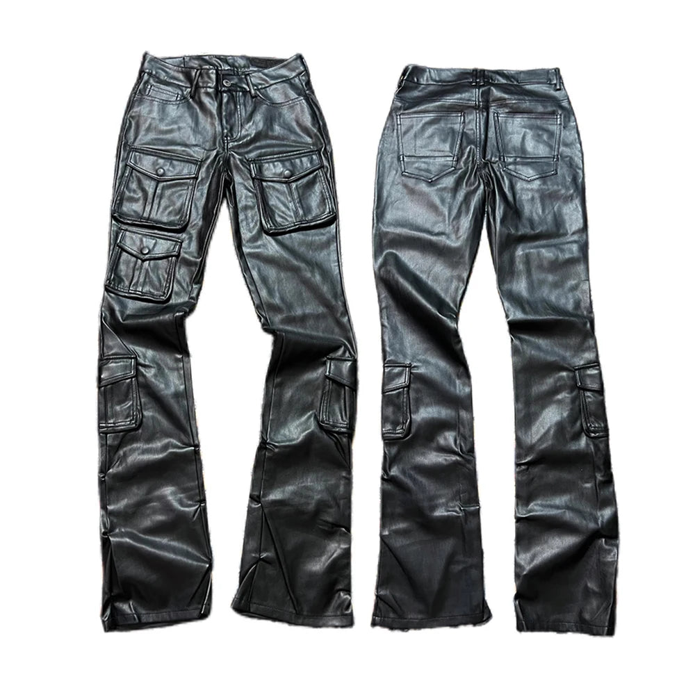 Pantalon Cargo Slim Simili Cuir Streetwear Luxe — Poches Multiples 4 Saisons Mauroicardi