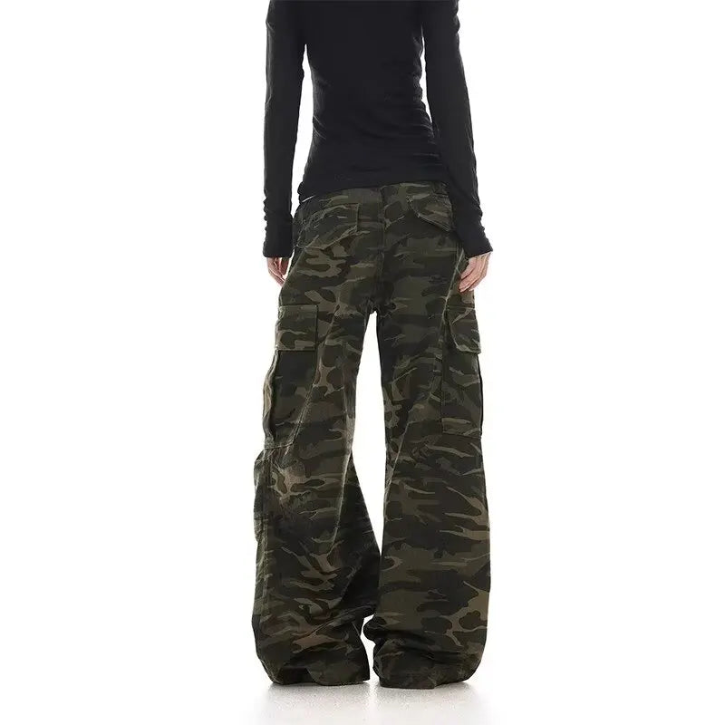 Pantalon Cargo Camouflage Délavé Rétro Américain — Jambe Large Multi-Poches Parachutiste Hip Hop