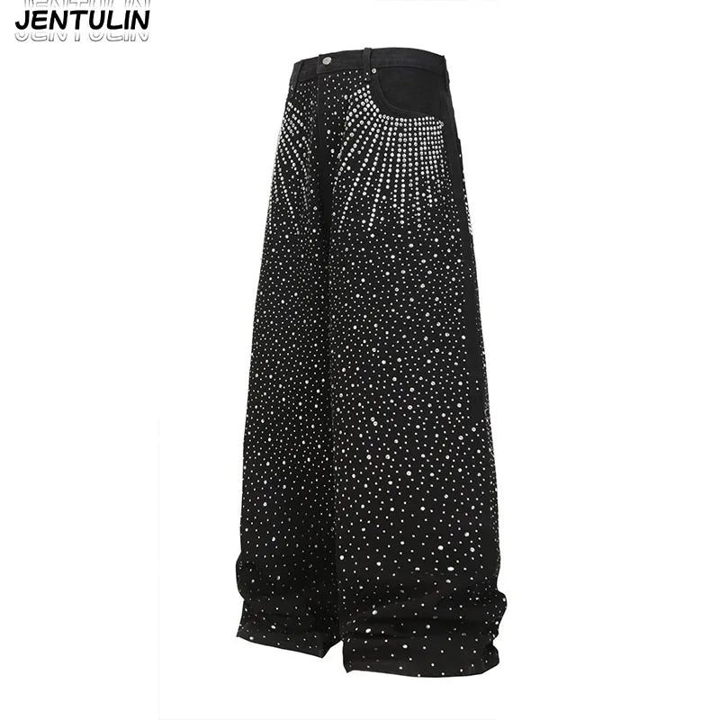 Jean Baggy Y2K Gothique — Motif Diamant, Denim Noir, Jambe Large | JENTULIN