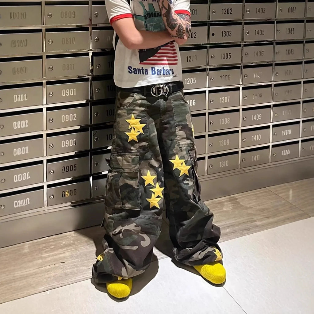 Jean Camouflage Homme — Jambes Larges Ample Longueur Sol Hip Hop Rétro High Street Style Européen Américain