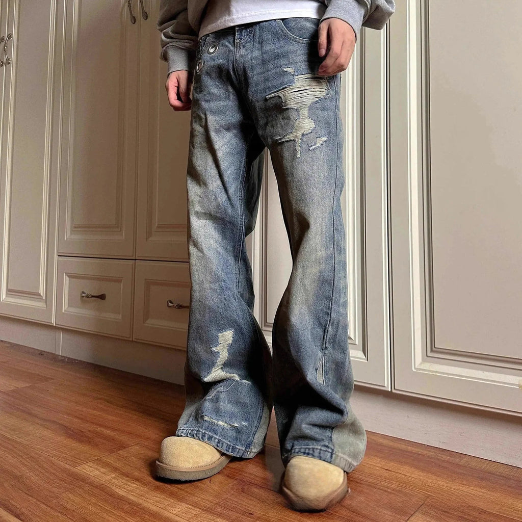 Jean Patchwork Délavé Style Rétro Américain — Coupe Droite, Denim Bleu | Homme