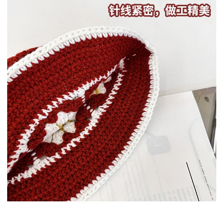 Chapeau Seau Coréen Crocheté à la Main – Bob Fleurs Y2K | Femme Automne Hiver 2025