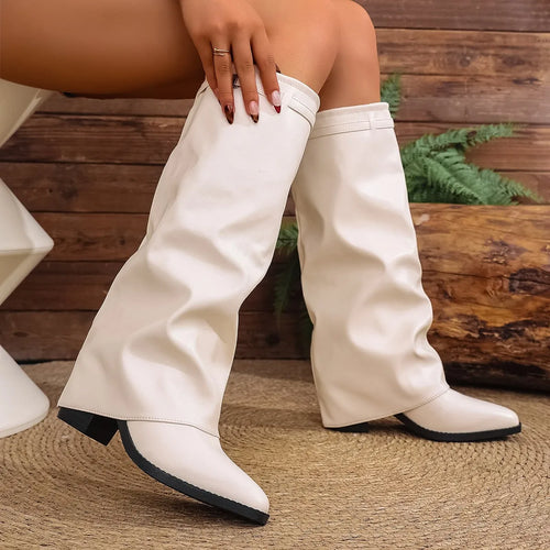 Bottes Pliantes Hauteur Genou Cuir PU — Semelles Épaisses Jambes Larges Style Coréen