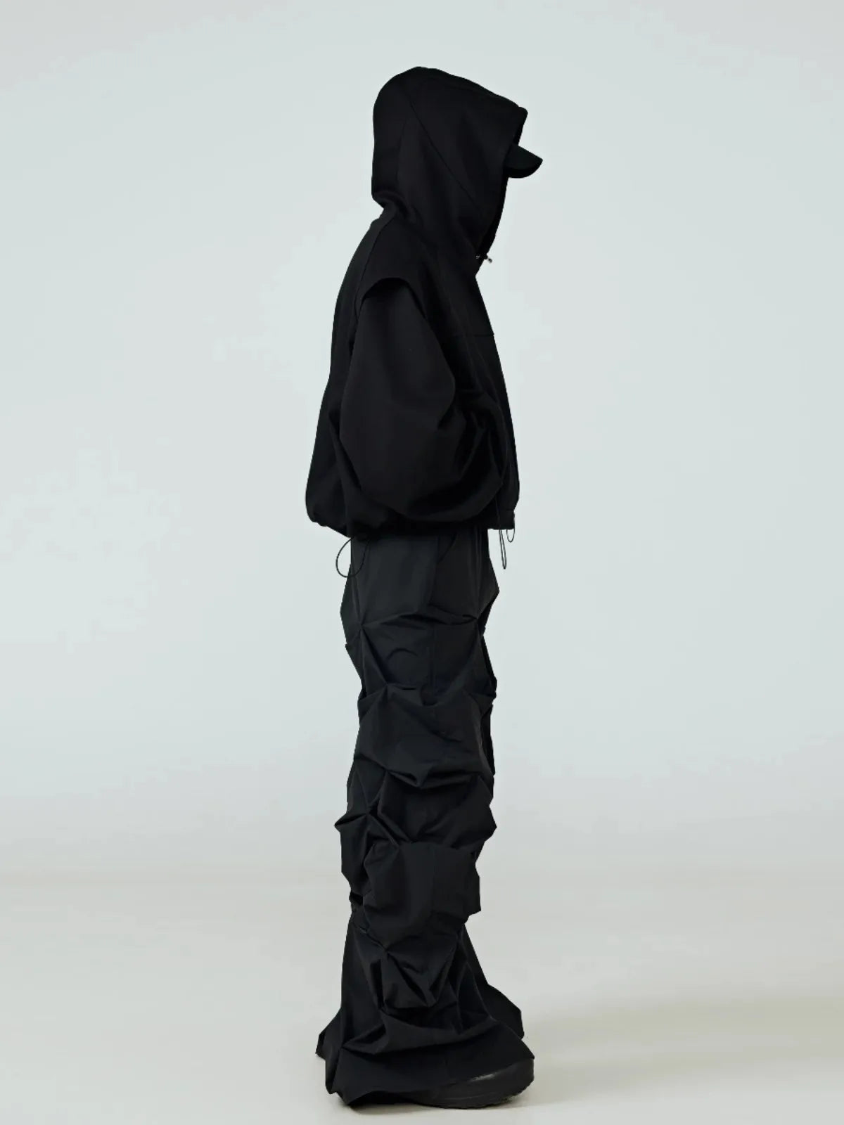 Pantalon Jambe Large Noir Empilé Streetwear Luxe — Plissé Taille Élastique 4 Saisons Mauroicardi