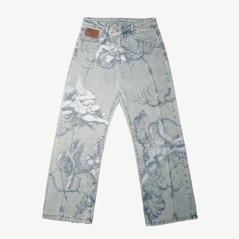 Jean Baggy Droit Y2K Ange Cupidon Unisexe — 100% Coton Lavé Pierre Streetwear BiggOrange