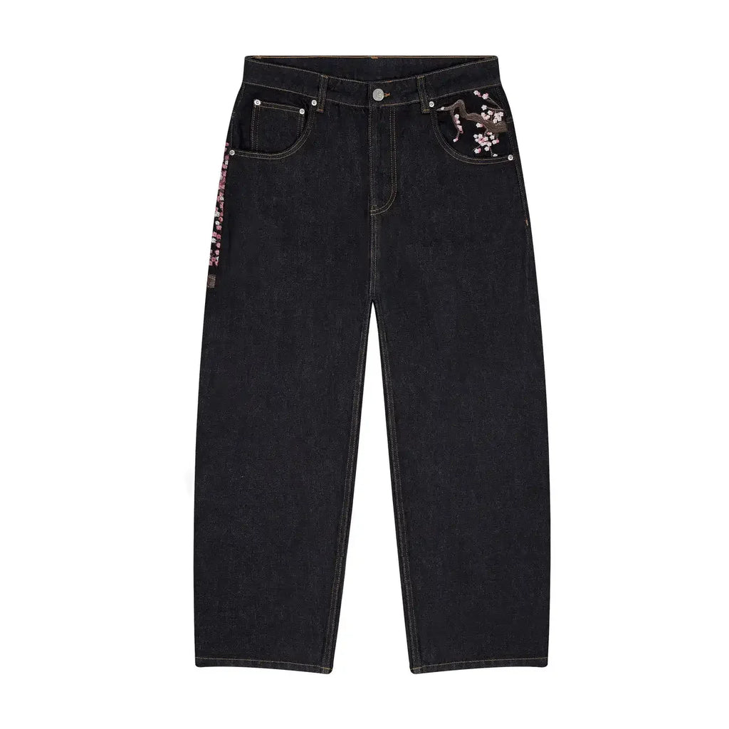 Jean Baggy Droit Y2K Broderie Fleur de Cerisier Chevalier — Denim Vintage Streetwear BiggOrange
