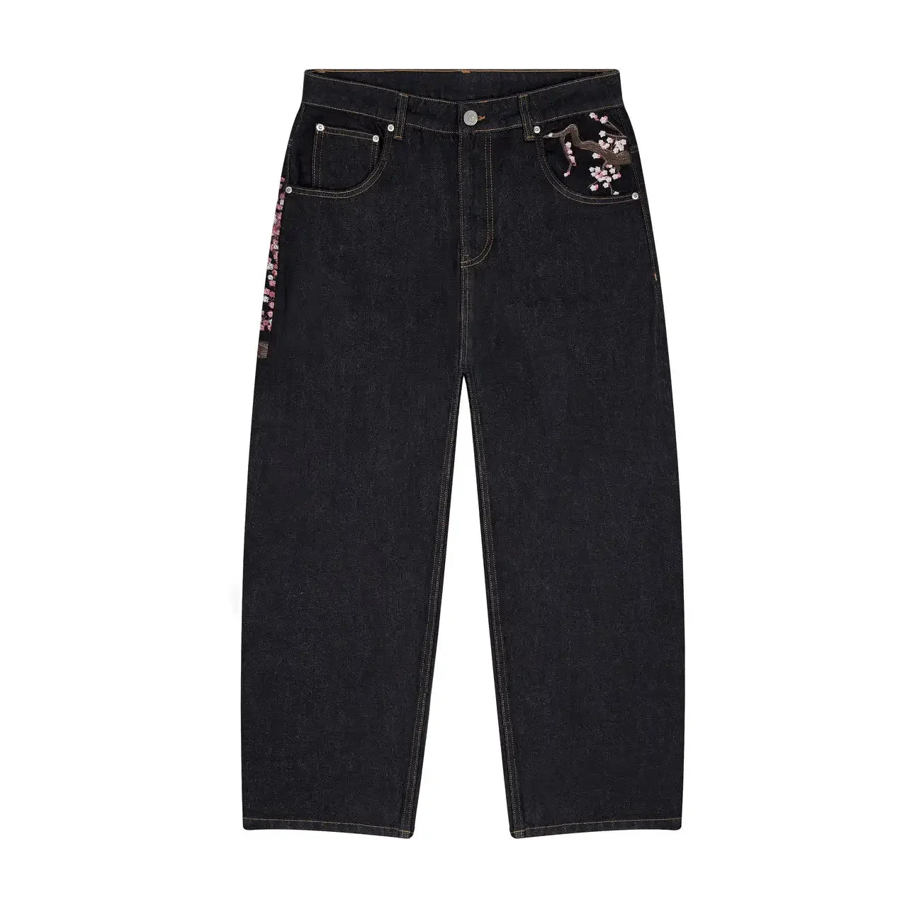 Jean Baggy Droit Y2K Broderie Fleur de Cerisier Chevalier — Denim Vintage Streetwear BiggOrange
