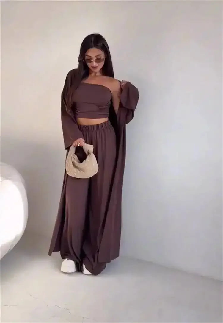 Ensemble 3 Pièces Femme — Débardeur, Long Cardigan & Pantalon Large Élégant | Bureau Été
