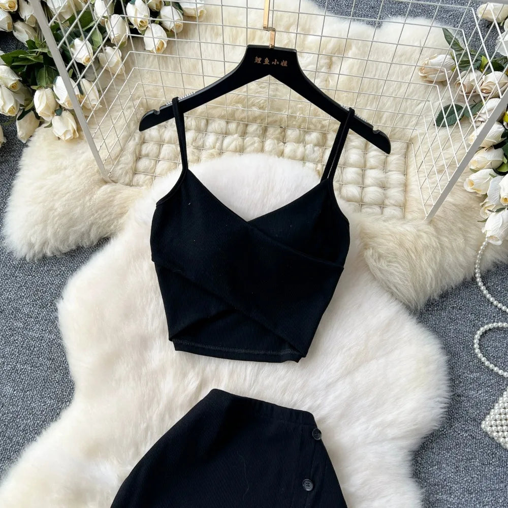 Ensemble 2 Pièces Été — Haut Court Col V + Jupe Longue Fendue Taille Haute Élastique Couleur Unie | Foamlina