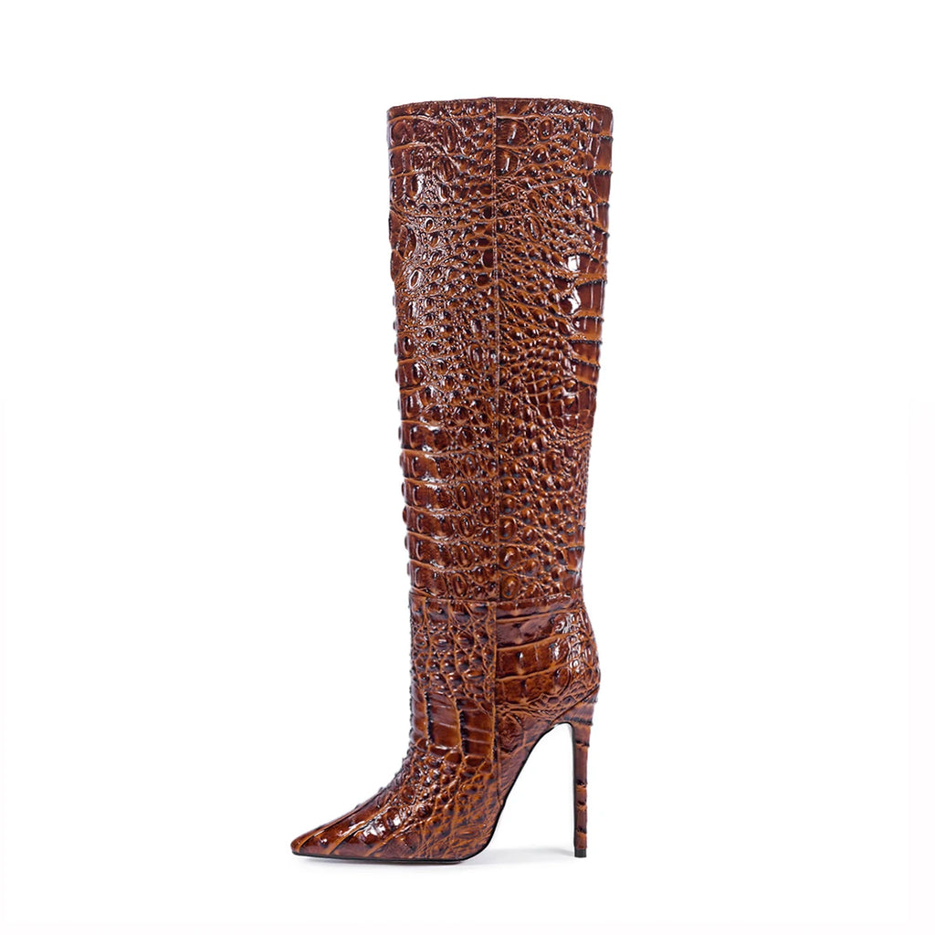 Bottines Western Talon Aiguille Style Rétro — Effet Crocodile Luxe Tailles 35-47