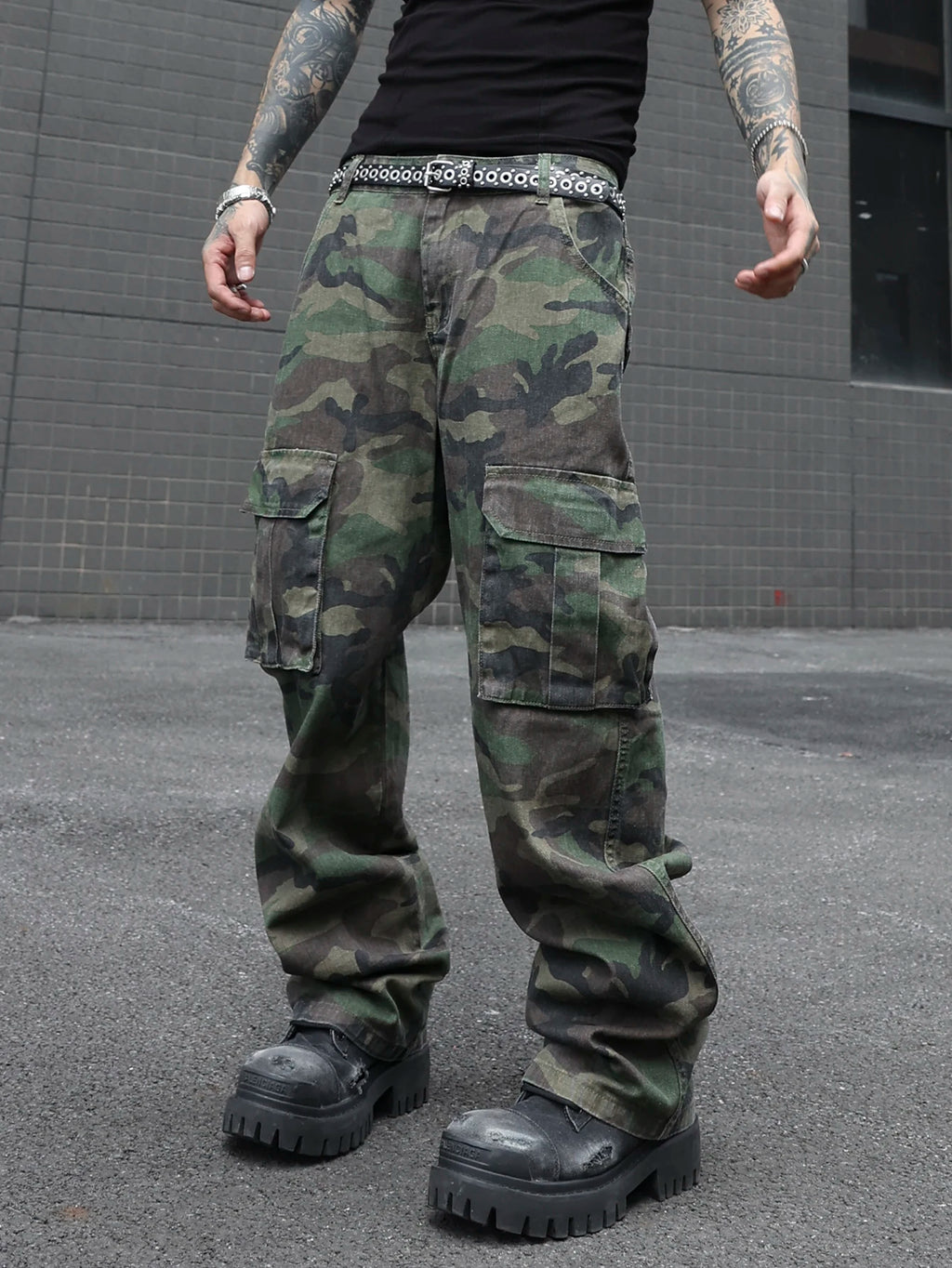 Jean Cargo Camouflage Vert Armée Multi-Poches — Coupe Ample Style Militaire Streetwear Homme