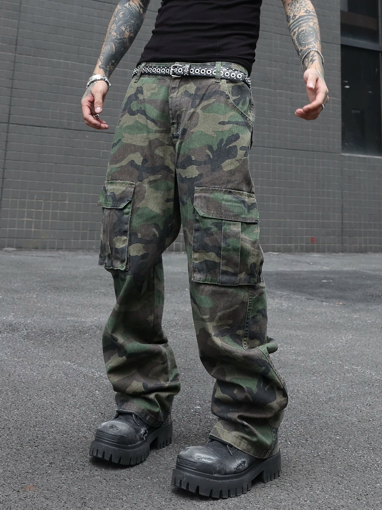 Jean Cargo Camouflage Vert Armée Multi-Poches — Coupe Ample Style Militaire Streetwear Homme