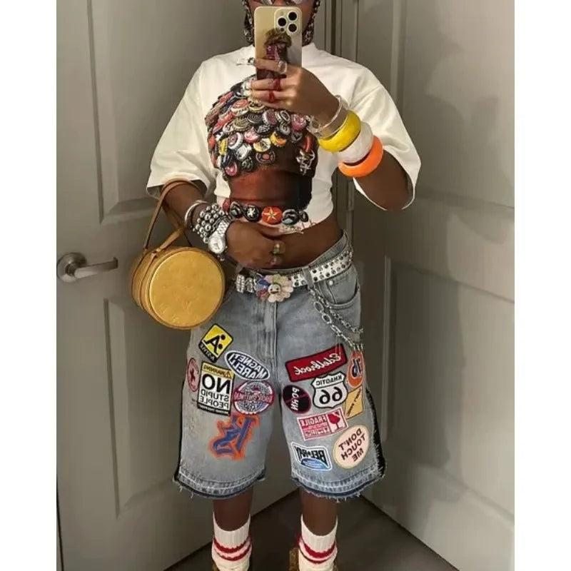 Short en Jean Rétro Y2K – Broderie Dessin Animé Baggy Hip-Hop | Harajuku Streetwear Homme
