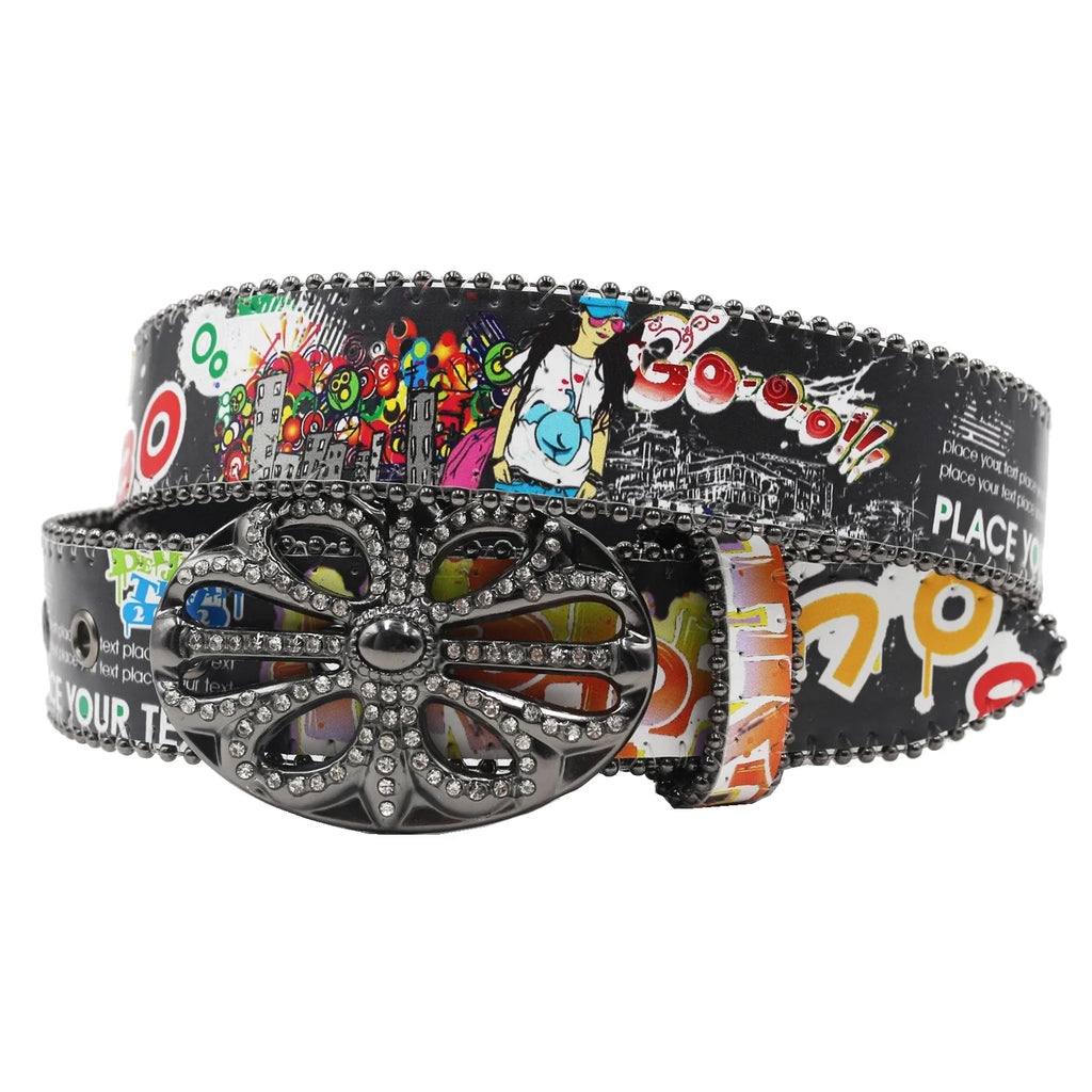 Ceinture PU Unisexe — Imprimé Graffiti Punk Bohème Y2K Hip Hop Western Cowboy Cowgirl Boucle Personnalisée