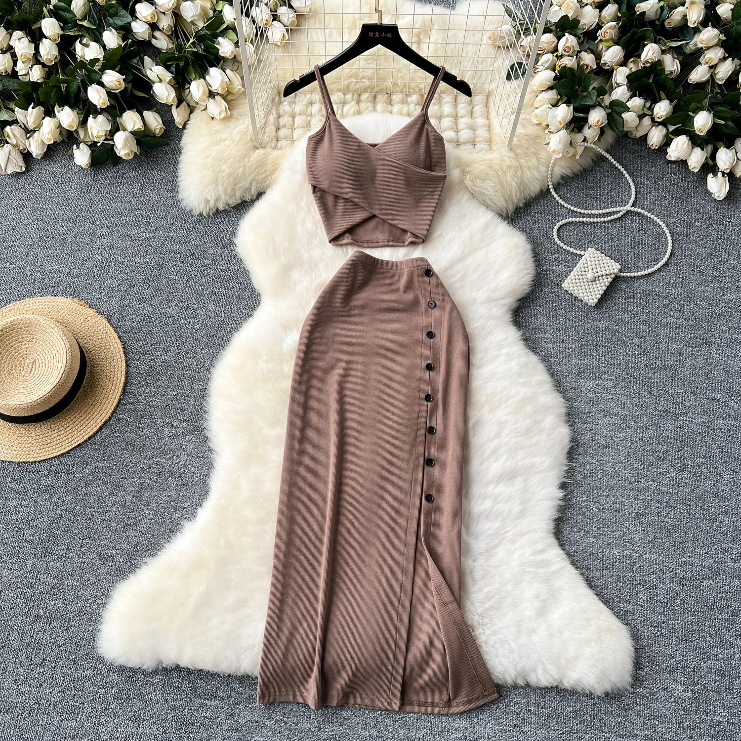 Ensemble 2 Pièces Été — Haut Court Col V + Jupe Longue Fendue Taille Haute Élastique Couleur Unie | Foamlina