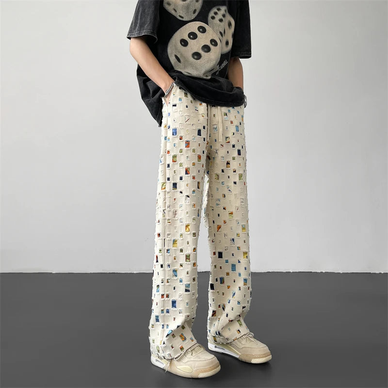 Pantalon Large Ajouré Rétro – Streetwear Hip-Hop À Carreaux Colorés | Homme Décontracté