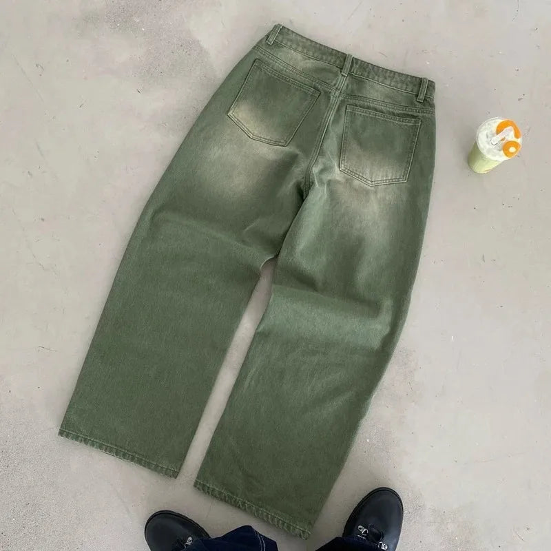 Jean Ample Y2K Matcha Billard Broderie Délavé — Streetwear London New York Unisexe BiggOrange