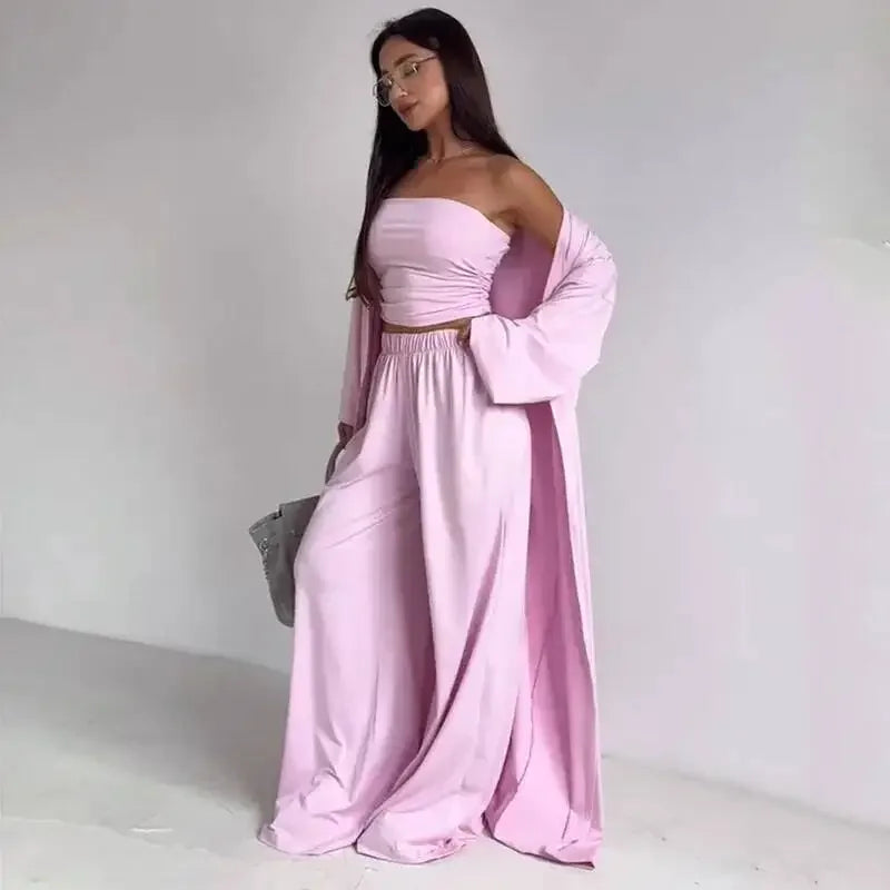 Ensemble 3 Pièces Femme — Débardeur, Long Cardigan & Pantalon Large Élégant | Bureau Été