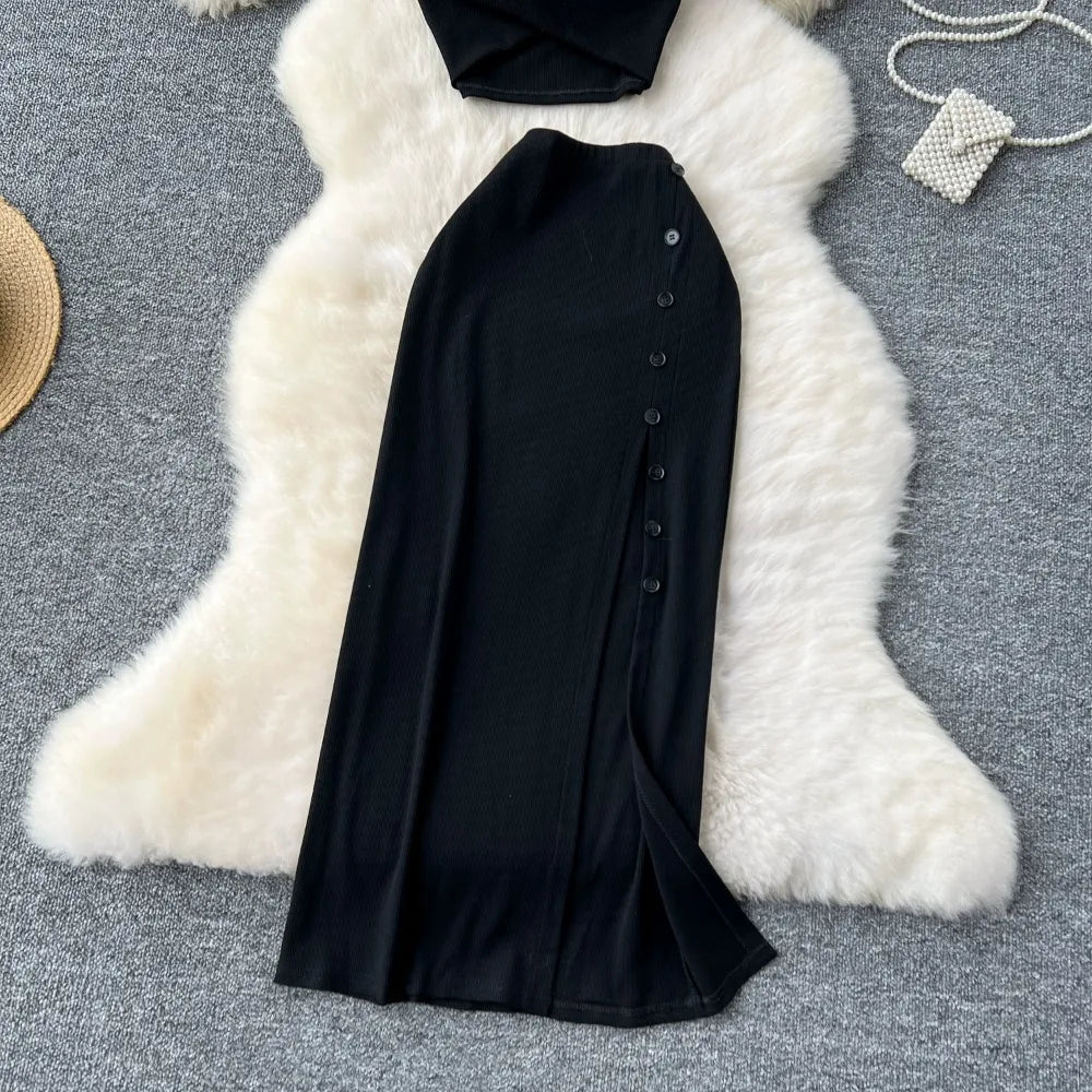 Ensemble 2 Pièces Été — Haut Court Col V + Jupe Longue Fendue Taille Haute Élastique Couleur Unie | Foamlina