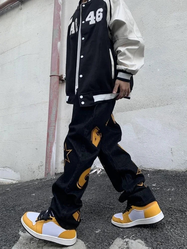 Jean Droit Cowboy Imprimé Étoile – Hip-Hop Streetwear Y2K Vintage Kpop | Homme 2025