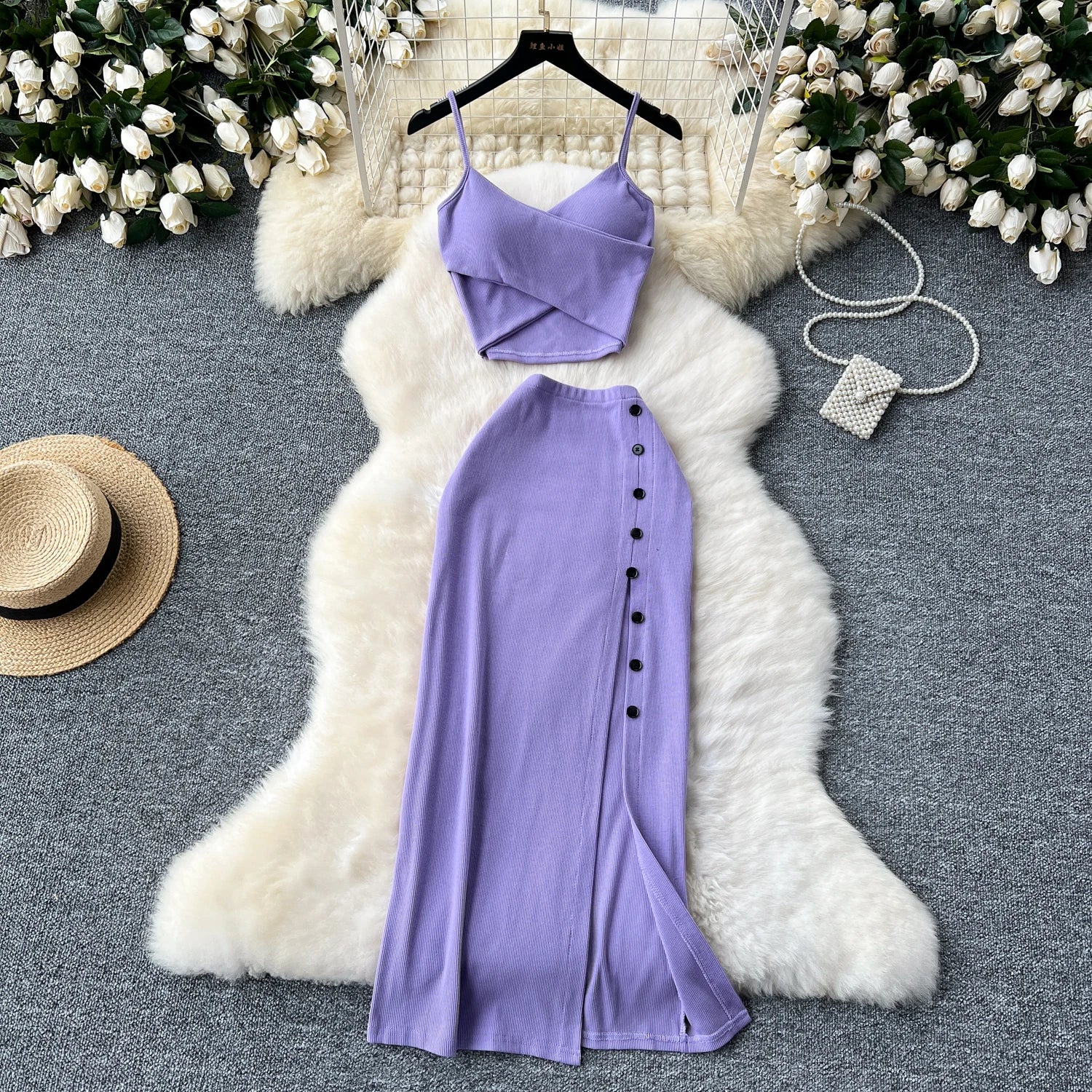 Ensemble 2 Pièces Été — Haut Court Col V + Jupe Longue Fendue Taille Haute Élastique Couleur Unie | Foamlina