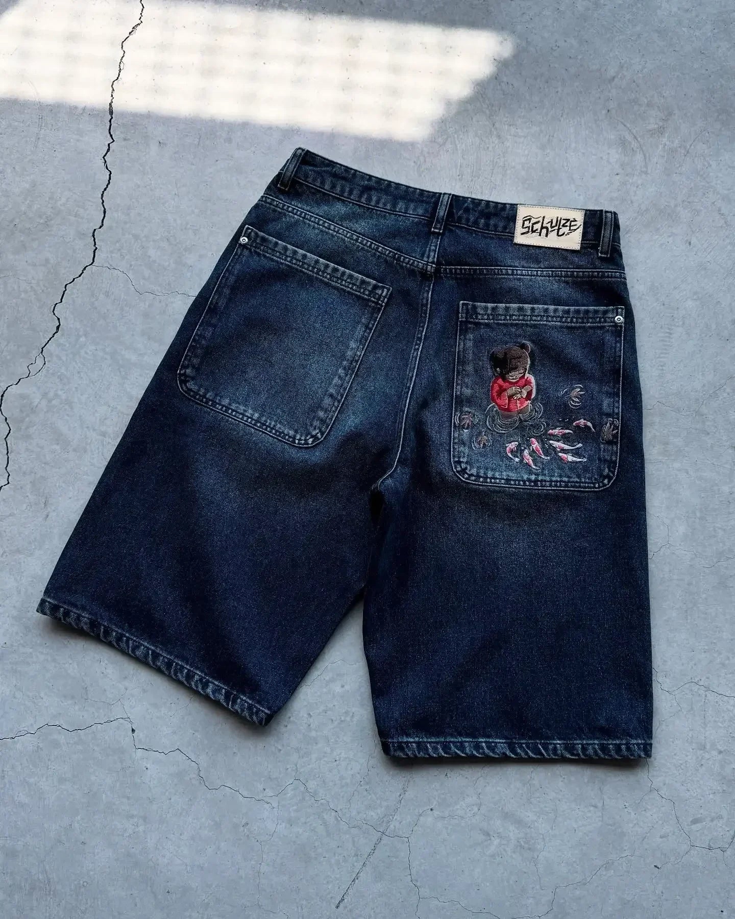 Short en Jean Vintage Y2K – Brodé Fleurs de Cerisier Streetwear Délavé | Unisexe Été