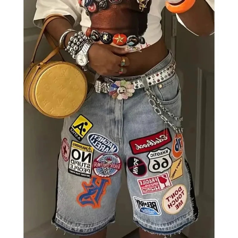 Short en Jean Rétro Y2K – Broderie Dessin Animé Baggy Hip-Hop | Harajuku Streetwear Homme