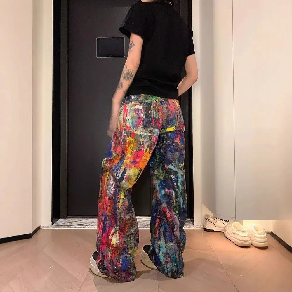 Jean Délavé À Effet Éclaboussures d'Huile – Jambe Large Style Hot Girl Rétro | Unisexe Été