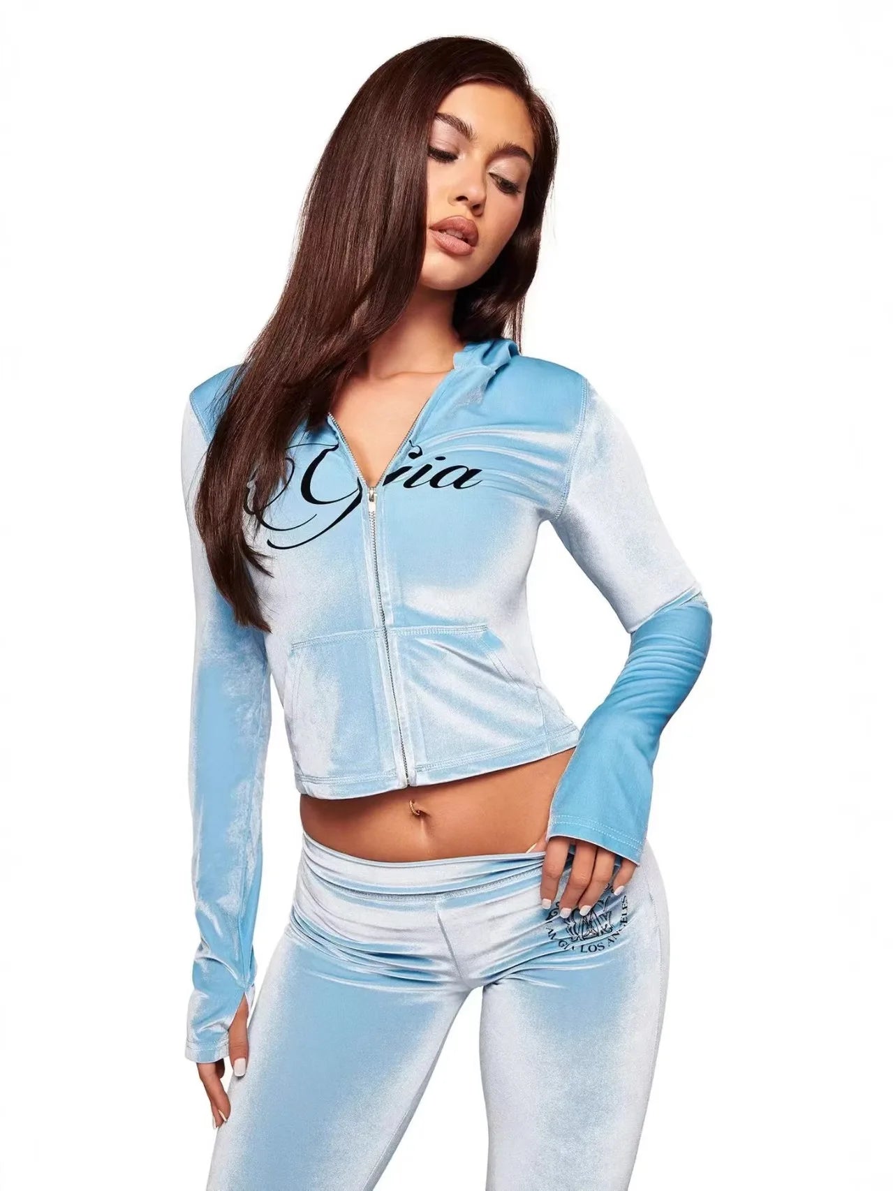 Nouvel ensemble minimaliste confortable GIA : veste à capuche zippée en velours et pantalon ample coupe slim en bleu