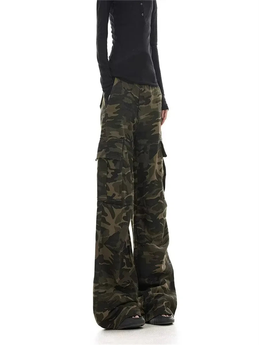 Pantalon Cargo Camouflage Délavé Rétro Américain — Jambe Large Multi-Poches Parachutiste Hip Hop