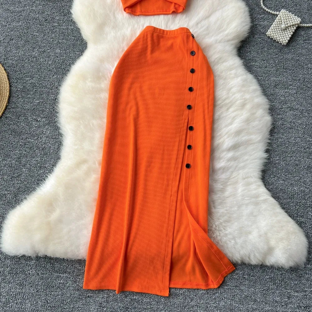 Ensemble 2 Pièces Été — Haut Court Col V + Jupe Longue Fendue Taille Haute Élastique Couleur Unie | Foamlina