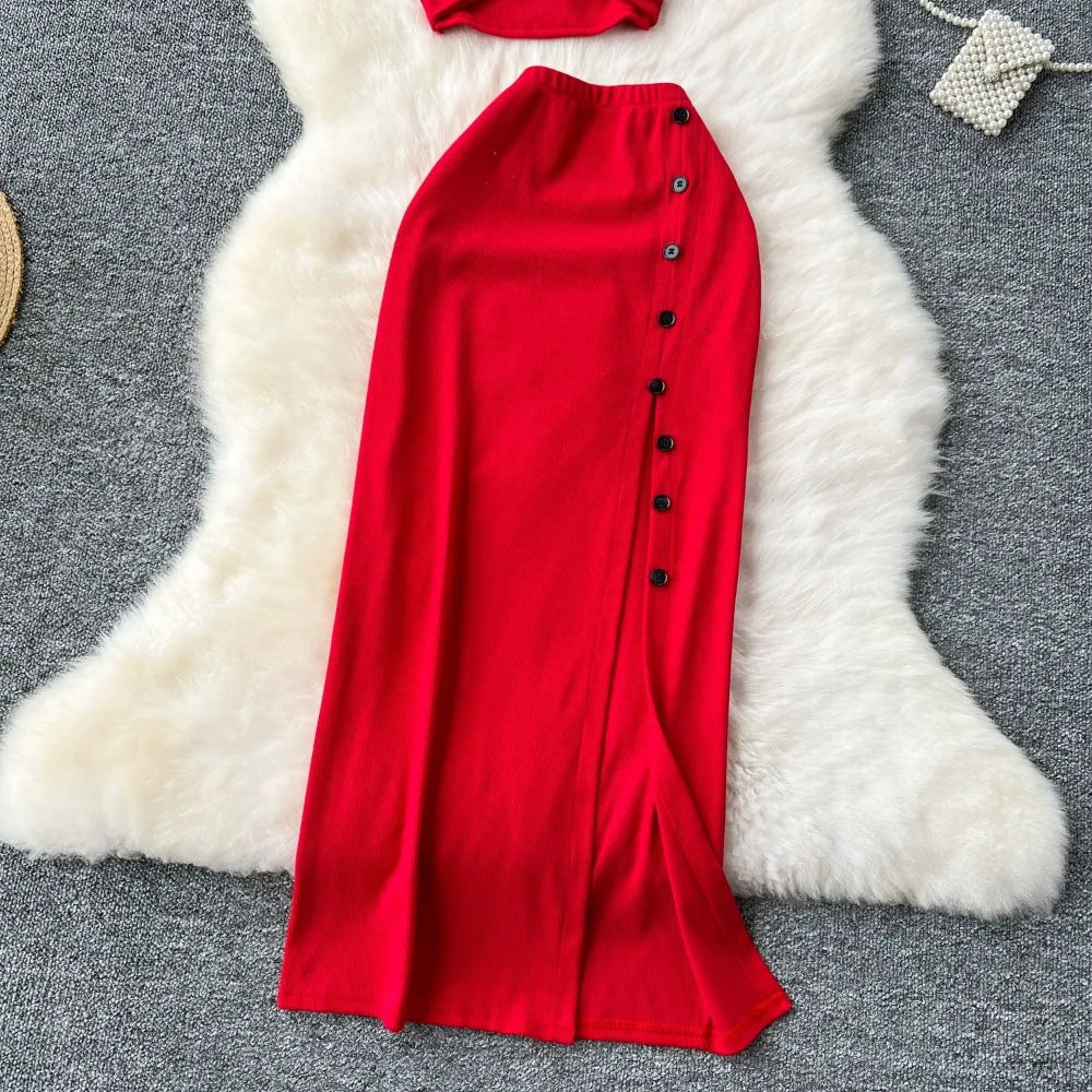 Ensemble 2 Pièces Été — Haut Court Col V + Jupe Longue Fendue Taille Haute Élastique Couleur Unie | Foamlina