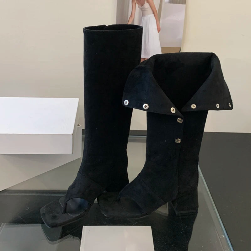 Sandales-Bottes Hautes Vintage Bout Carré — Talon Carré Sangle Boucle Eilyken