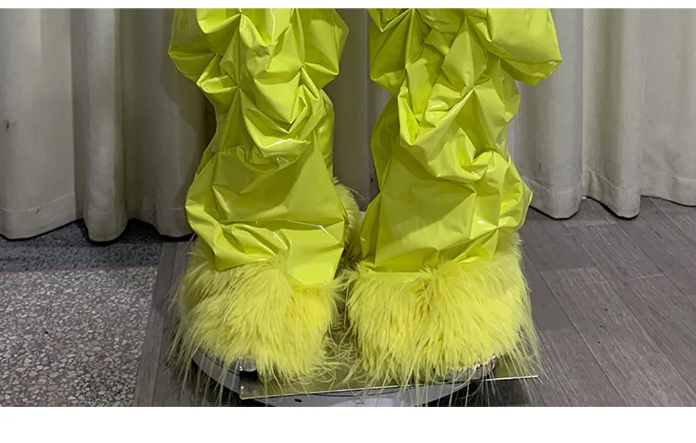 Pantalon Jambe Large Plissé PVC Brillant Jaune Y2K Luxe — Simili Cuir Streetwear Mauroicardi