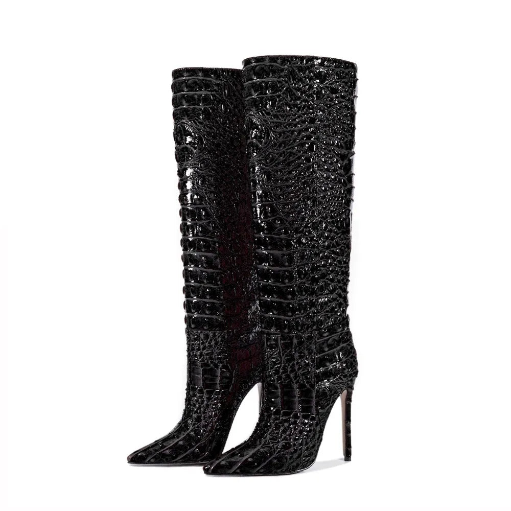 Bottines Western Talon Aiguille Style Rétro — Effet Crocodile Luxe Tailles 35-47