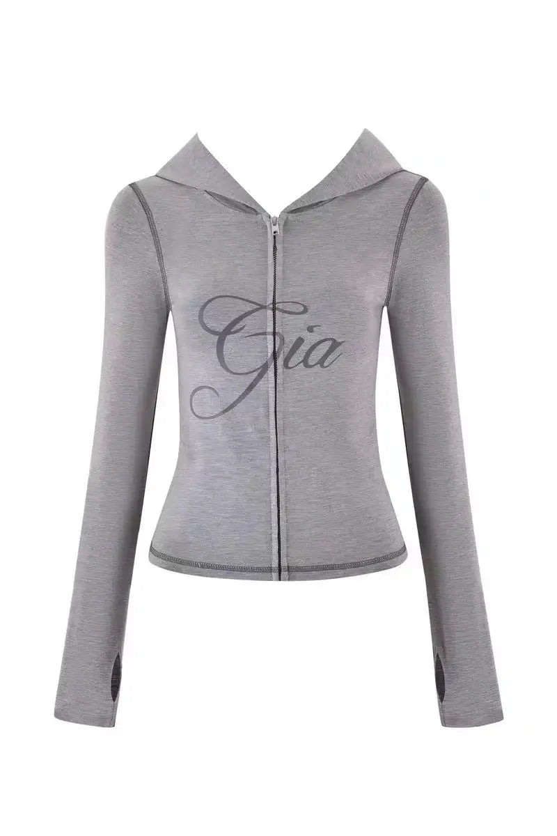 Ensemble veste courte à capuche zippée et pantalon, coupe slim, imprimé lettres, design à fils apparents, GIA