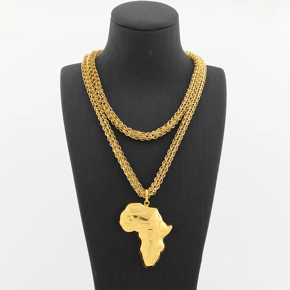 Collier Pendentif Carte d'Afrique – Plaqué Or 18K – Chaîne 100 cm – Mixte
