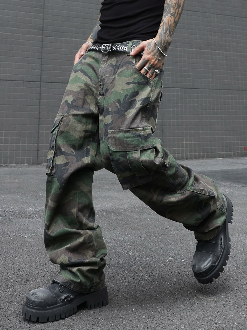 Jean Cargo Camouflage Vert Armée Multi-Poches — Coupe Ample Style Militaire Streetwear Homme