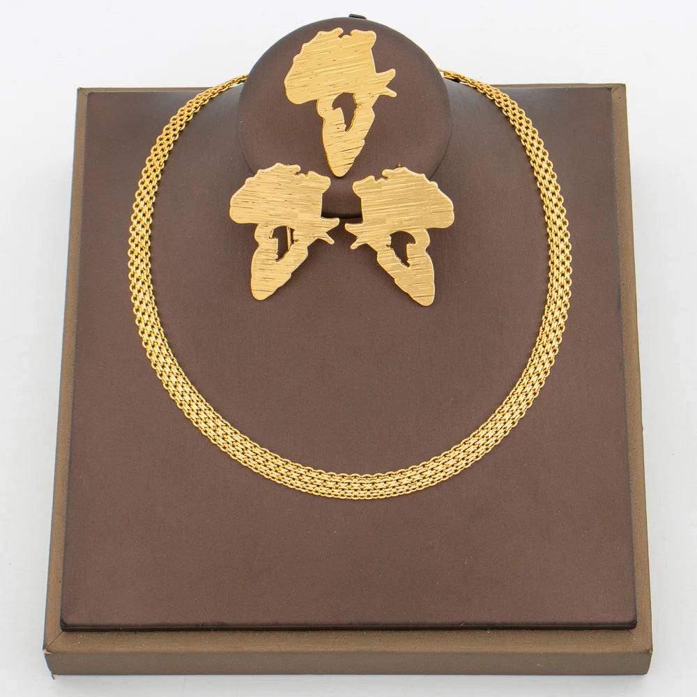 Ensemble Bijoux Carte Africaine – Boucles d'Oreilles & Bague Plaquées Or 18K