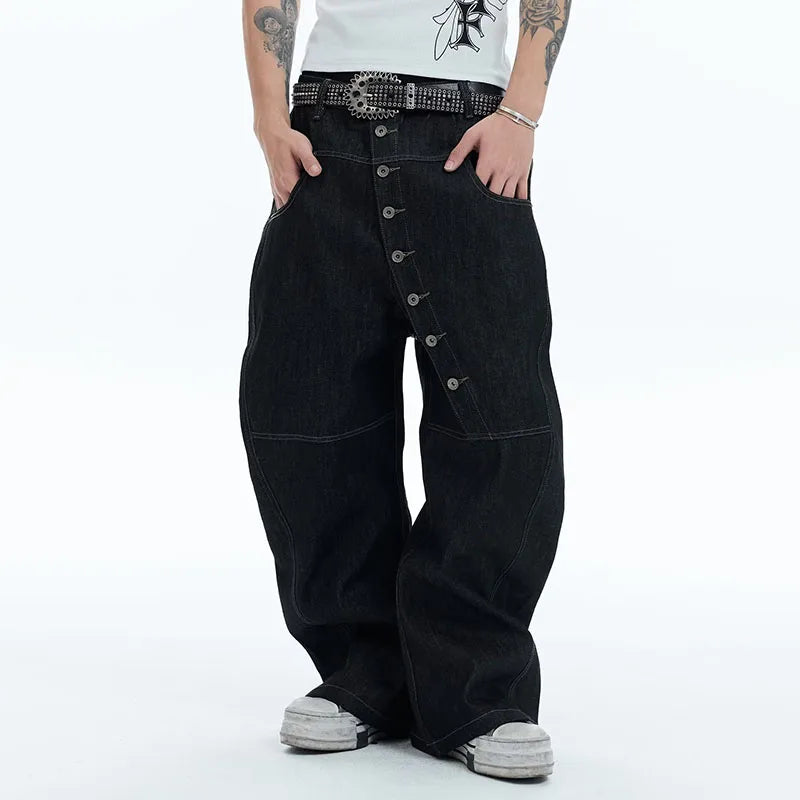 Pantalon Large Noir Y2K Boucle Style Coréen Hip Hop — Coupe Droite Décontractée Automne Homme
